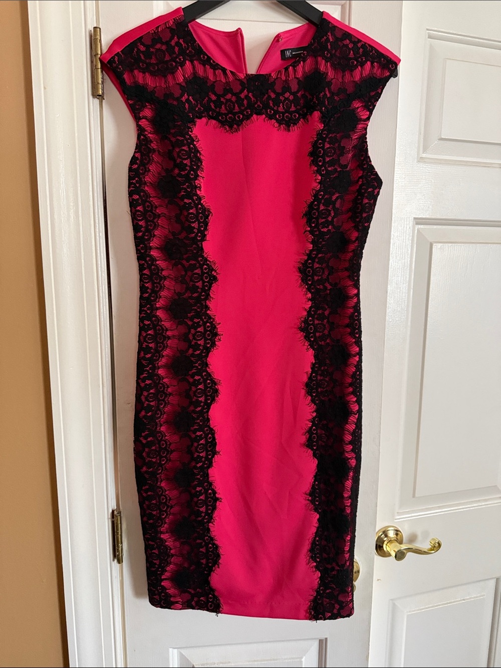 INC International Concepts Hot Pink Sheath Dress with Black Lace Trim